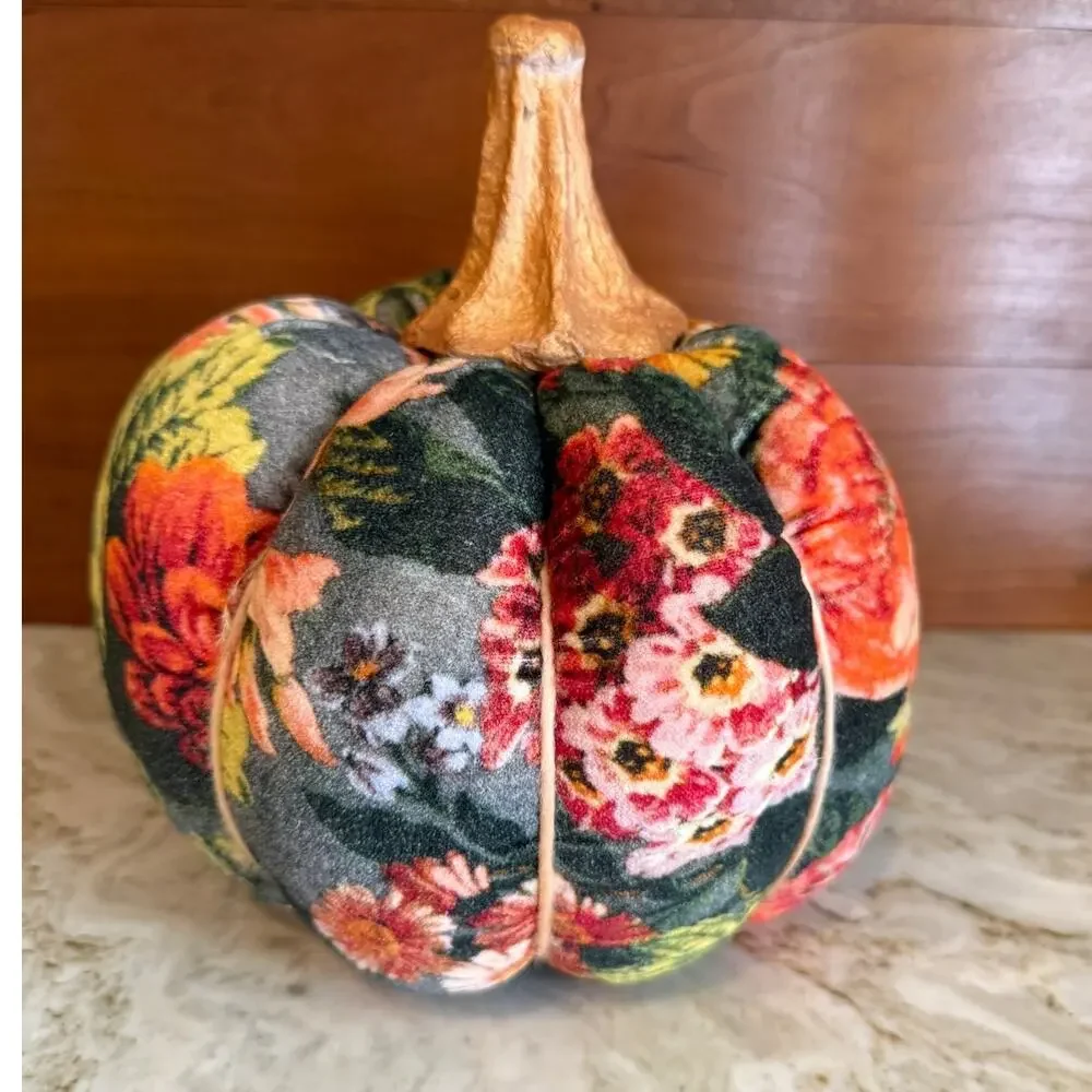 Pair of Velvet Floral Pumpkins Fall Decor